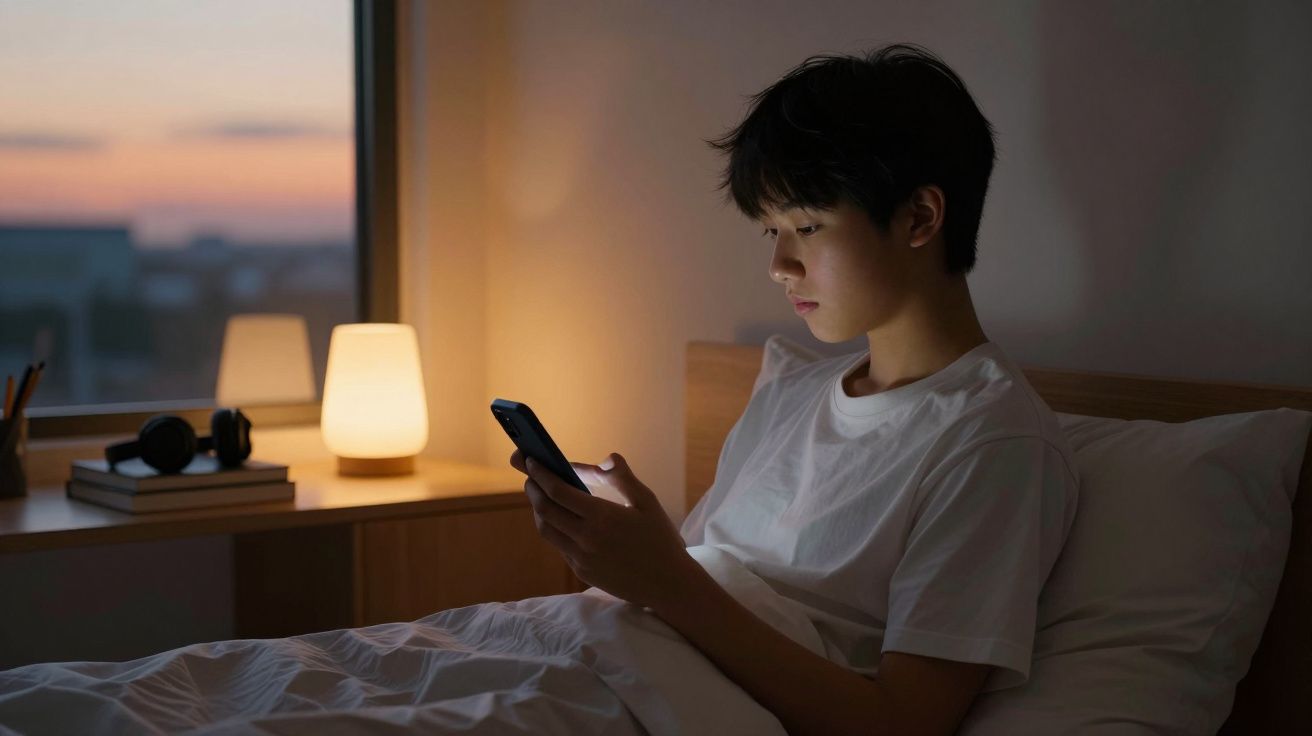 Person in bed looking at phone at night, with warm lamp light and a blurred view of the sunset through the window.