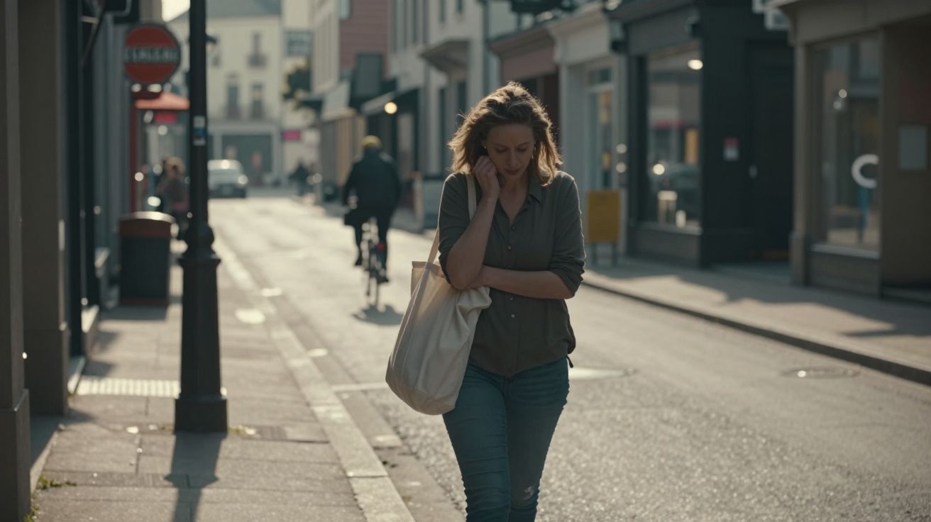 Woman walking on a quiet city street with a bag, while a cyclist is in the background.