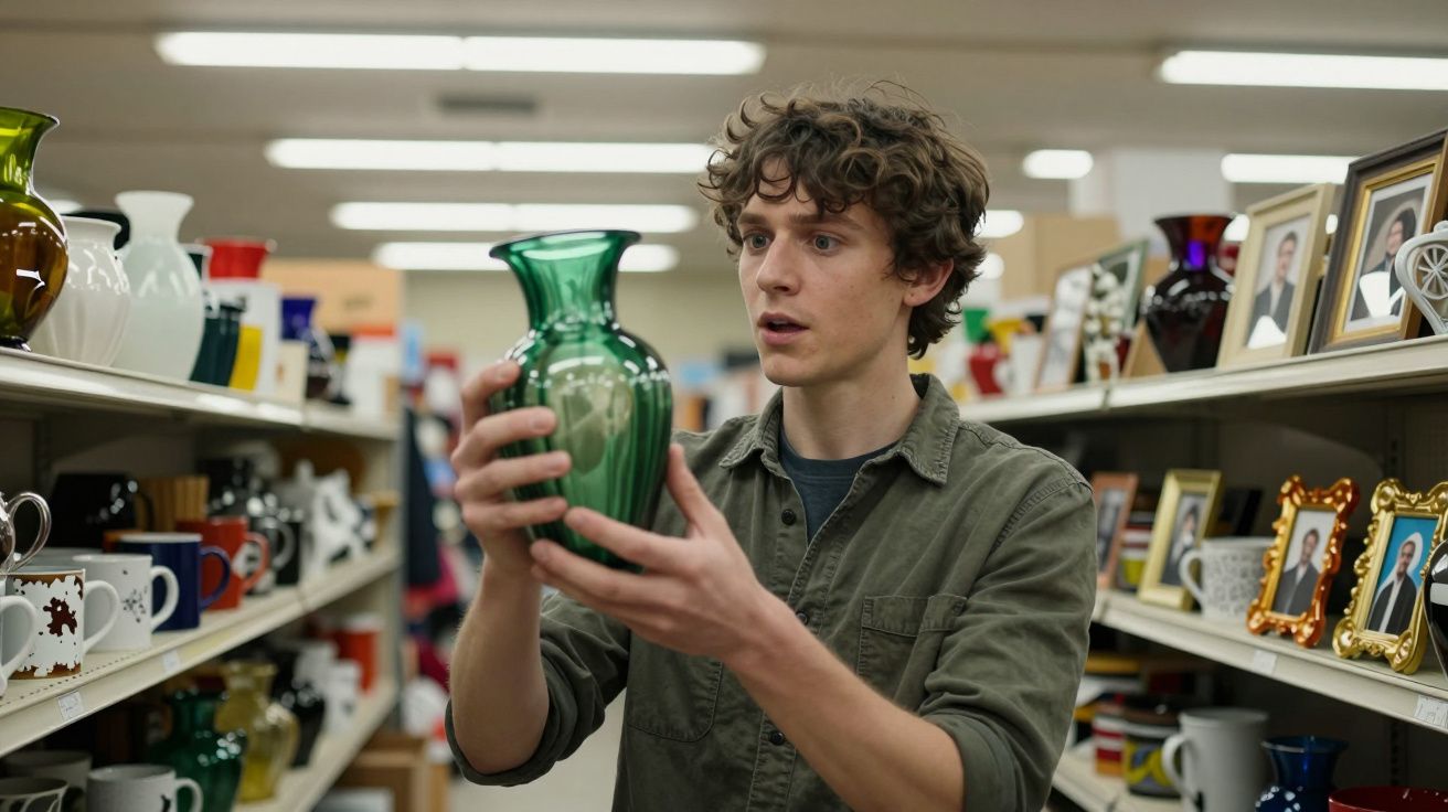 Person examining a green vase in a shop aisle, surrounded by mugs and picture frames.