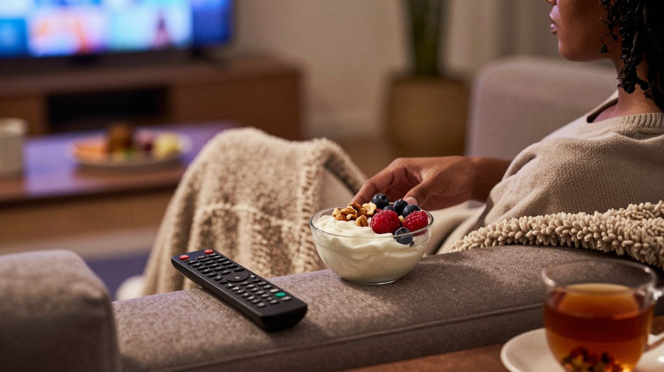 Person lounging on sofa with bowl of yoghurt and berries, remote control on armrest, cup of tea on coffee table.