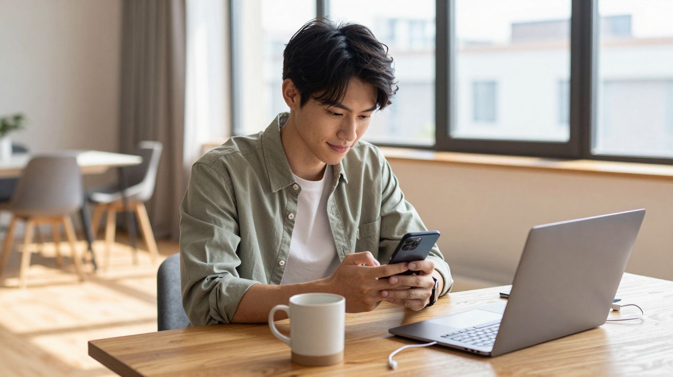 Man in green shirt working on phone and laptop at a wooden table, next to a large window with soft daylight.