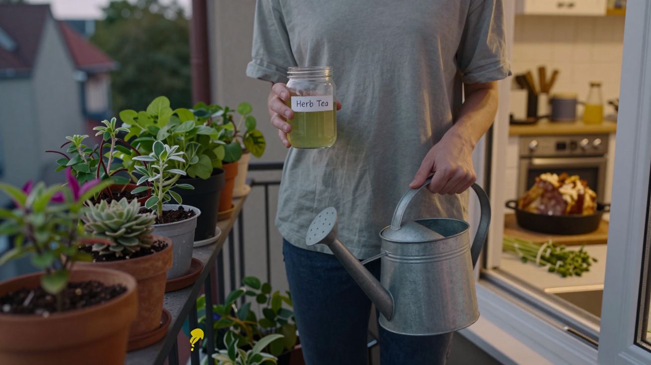 Person on balcony holding a jar of herb tea and a watering can, surrounded by potted plants.
