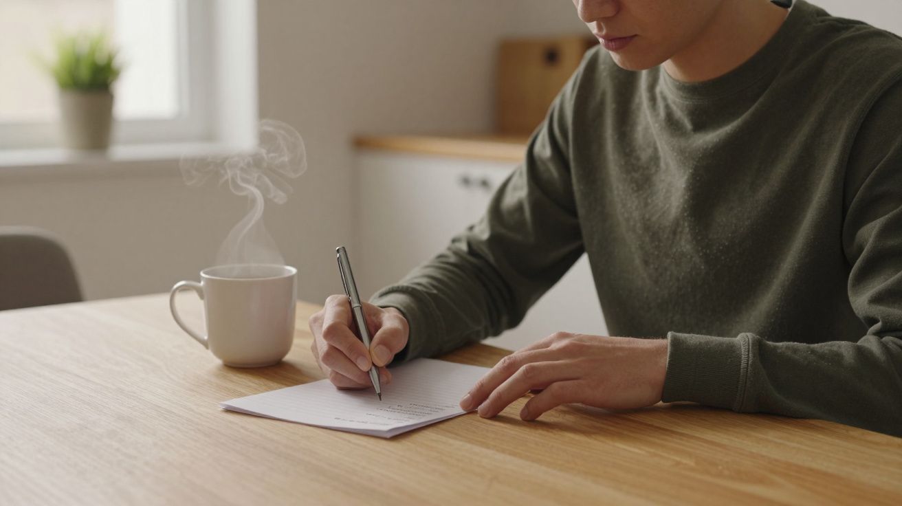 Person in green jumper writing on paper at wooden table with a steaming mug nearby.