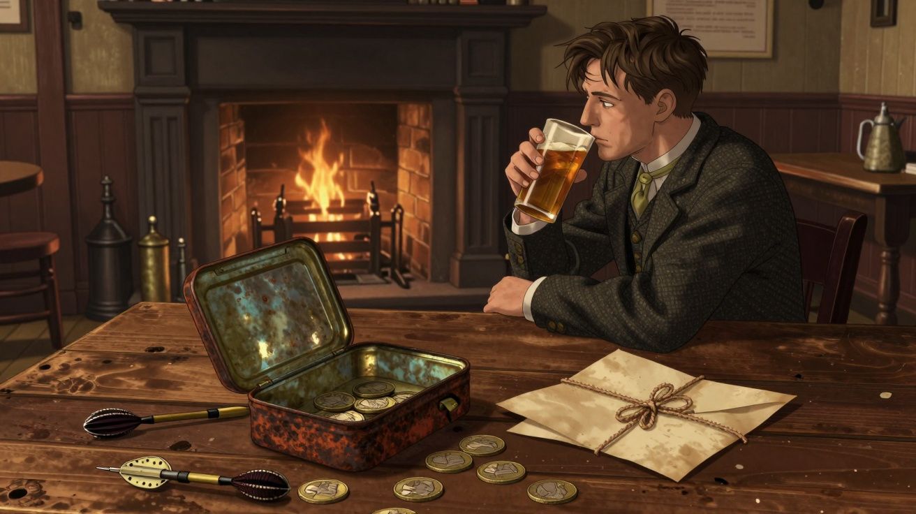 A man drinks beer by a fireplace, with coins, darts, and a letter on a wooden table in a cosy room.