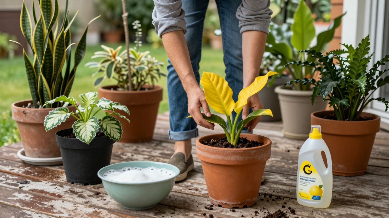 Person tending to potted plants on a wooden deck, with a bowl of soapy water and a yellow cleaning solution nearby.
