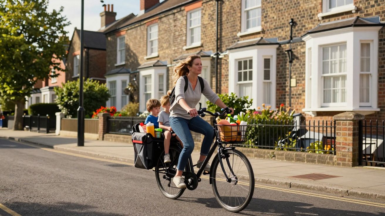 Woman cycling with two children seated on the bike through a residential street, carrying groceries in the basket.