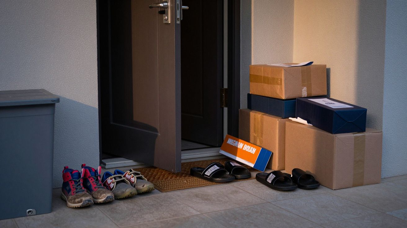 Shoes and parcels on a doorstep, with a partially open door and packages stacked by the entrance.