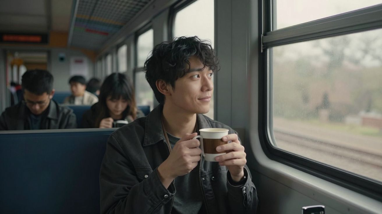 Person on a train holding a coffee cup, gazing out the window, with other passengers in the background.