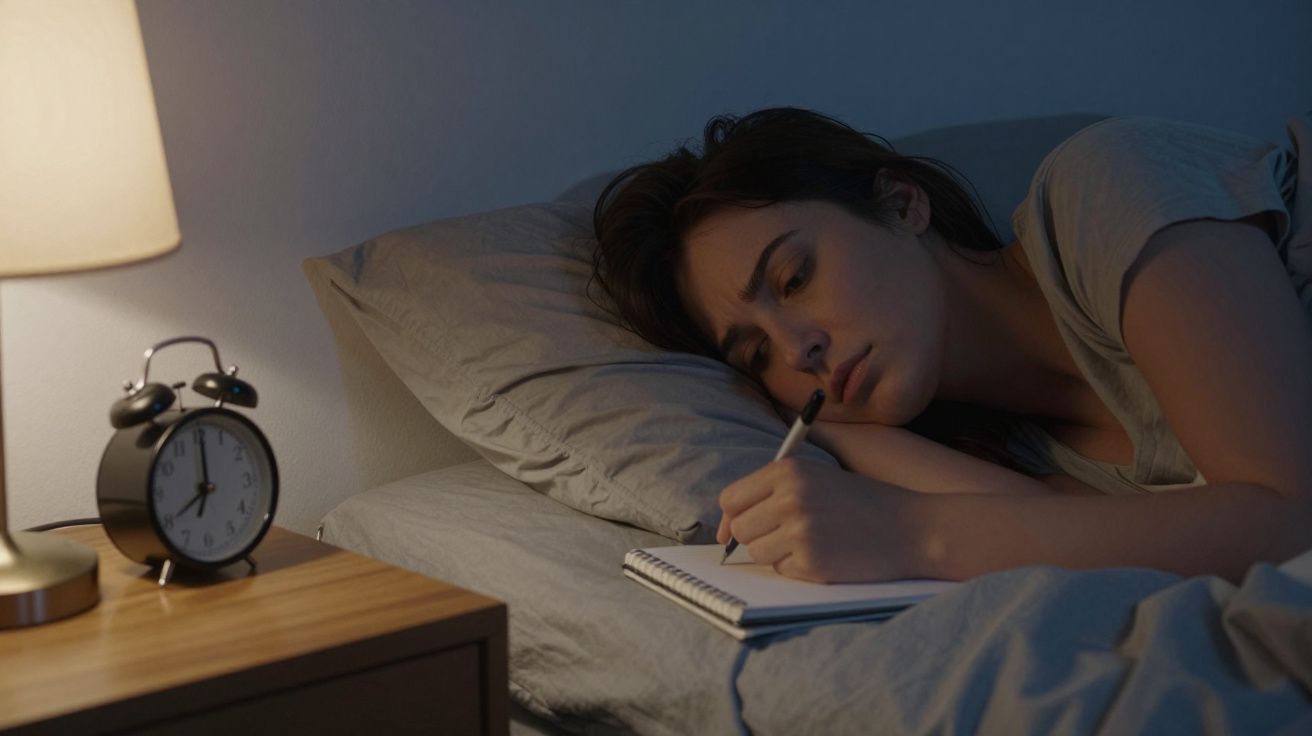 Woman lying in bed writing in a notebook at night, beside a lit lamp and an analogue alarm clock.