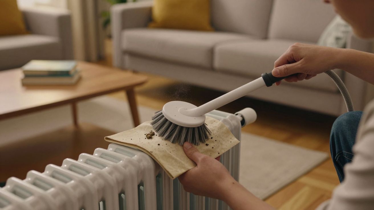 Person cleaning a radiator with a brush and cloth in a cosy living room.