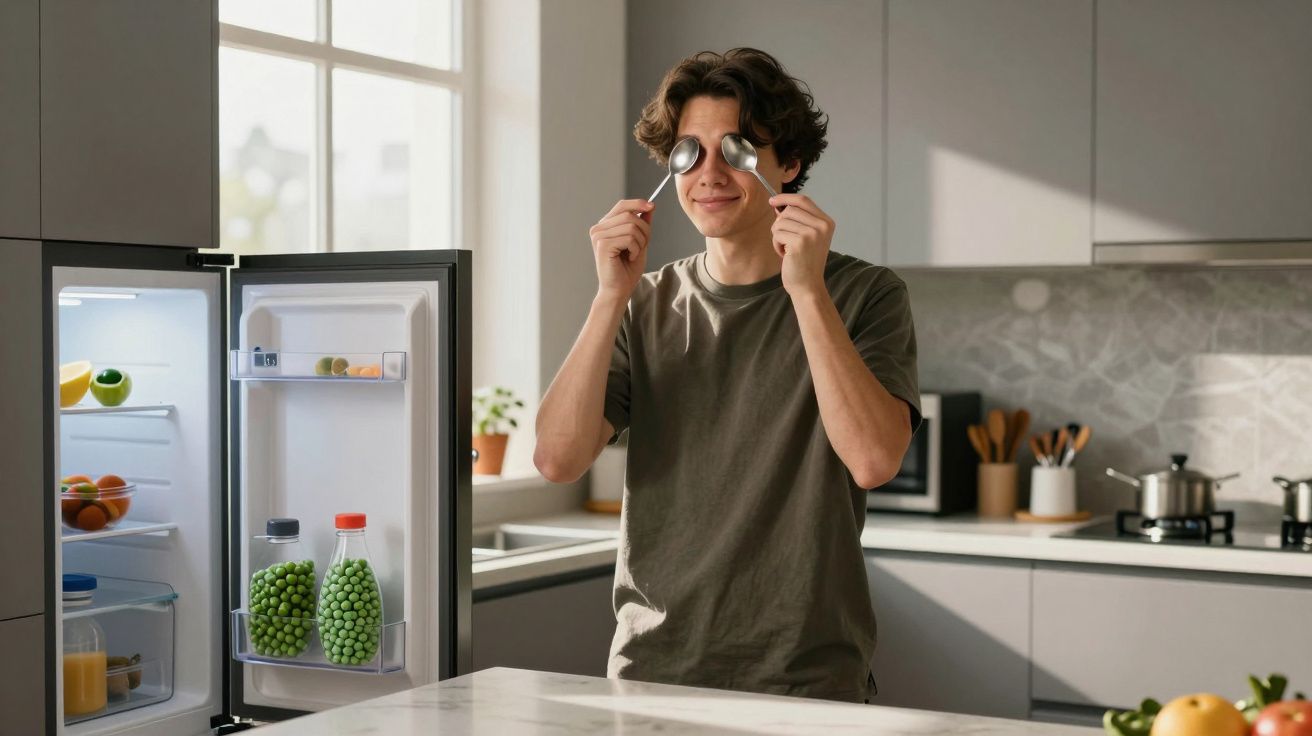 Man in kitchen holding spoons over eyes, standing next to open fridge with bottles and fruit inside.