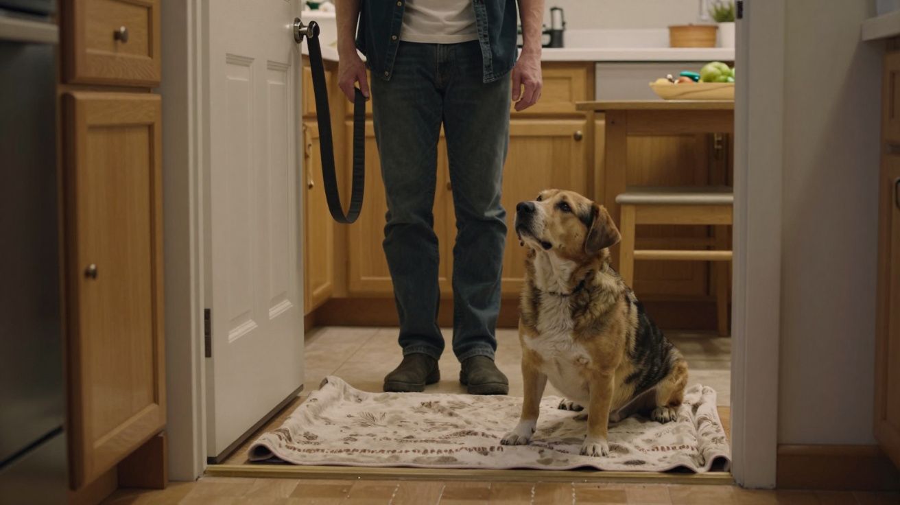 Dog sitting on rug looking up; person holding leash stands nearby in kitchen entrance.
