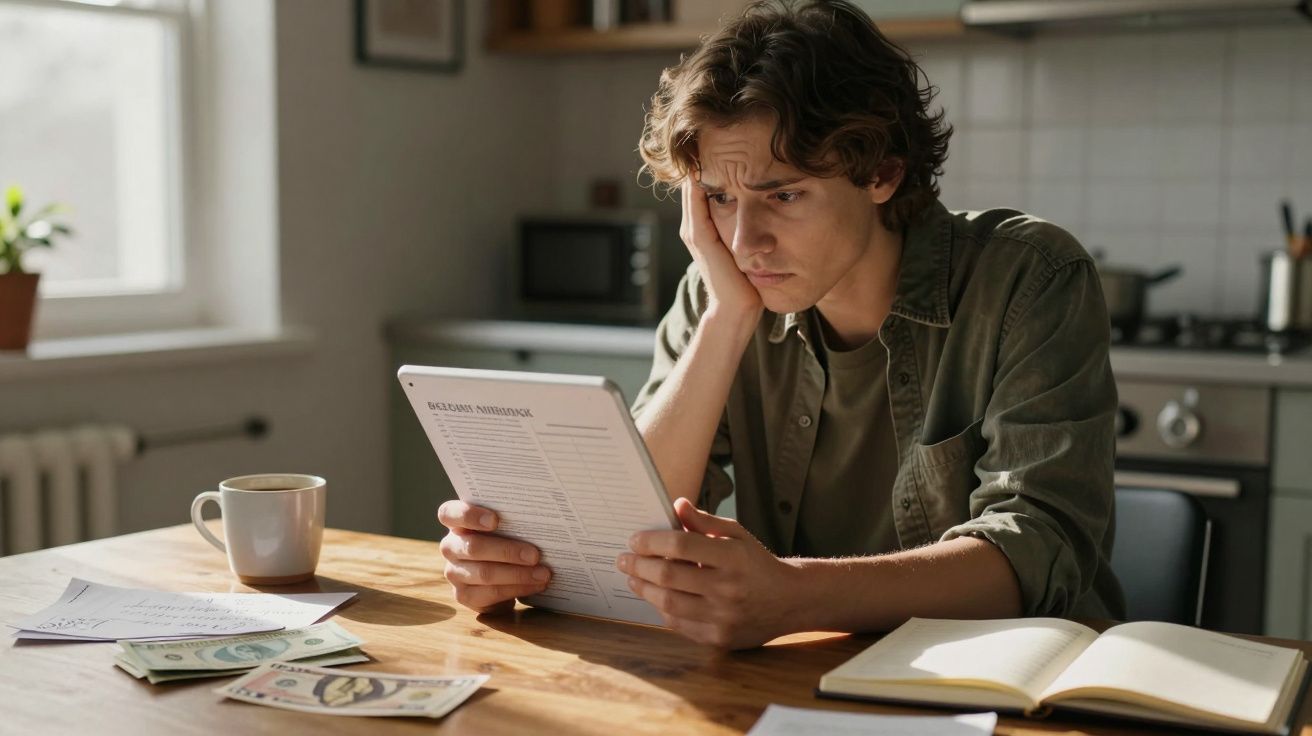 Person looking worried at a bill, surrounded by papers, cash, a cup and an open notebook in a kitchen setting.