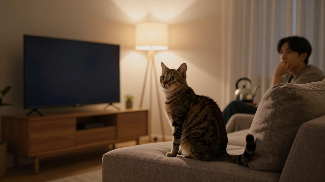 Tabby cat sitting on a sofa in a cosy living room with a person and a TV in the background.