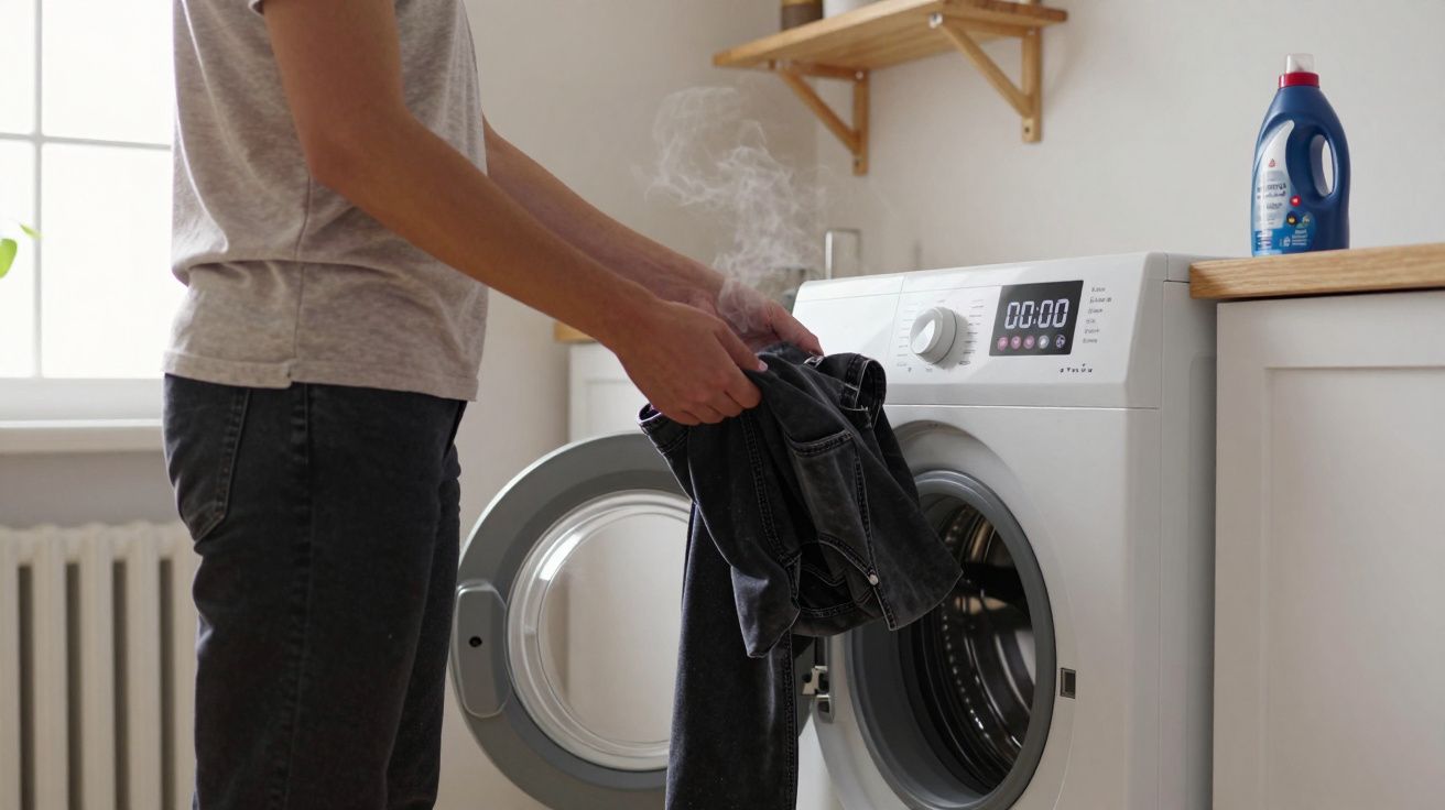 Person removing steaming clothes from a front-loading washing machine in a laundry room.