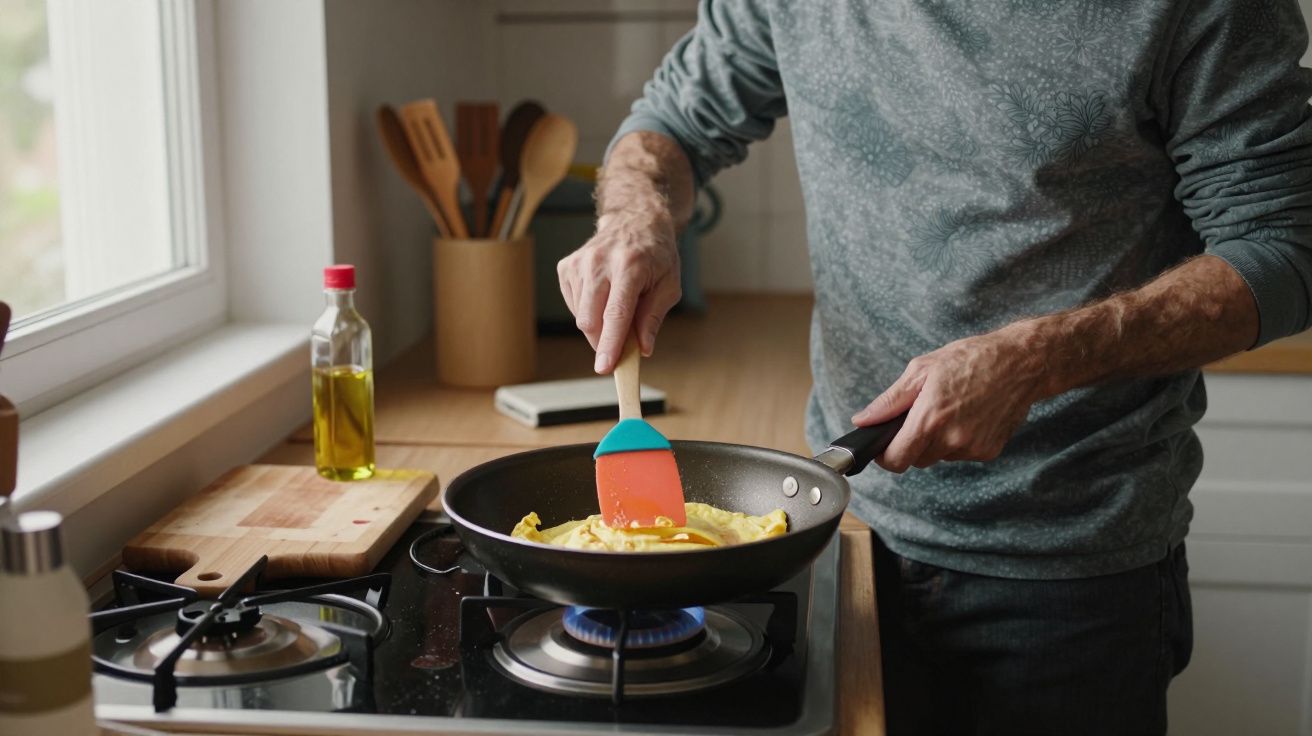 Man cooking eggs in a frying pan with a spatula on a gas stove, oil bottle and utensils in the background.