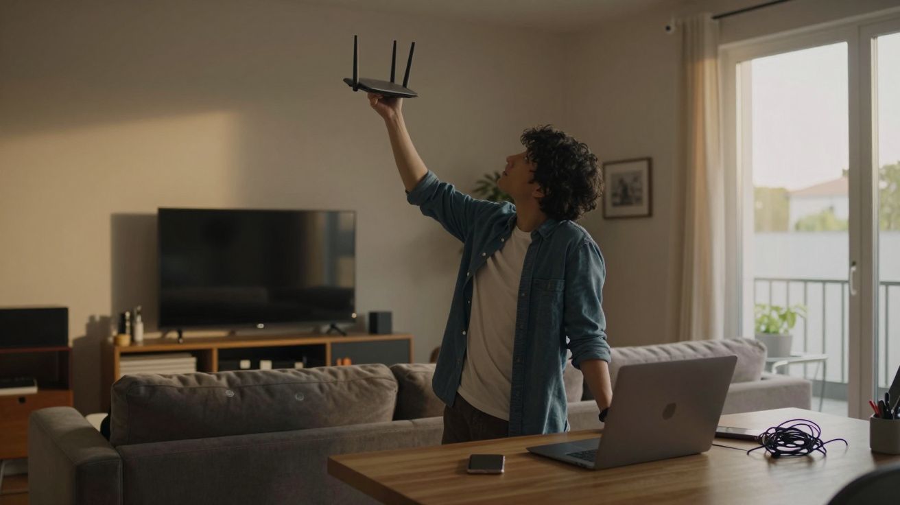 Person holding a router aloft in a living room, with laptop and smartphone on the table, sunlight streaming in.