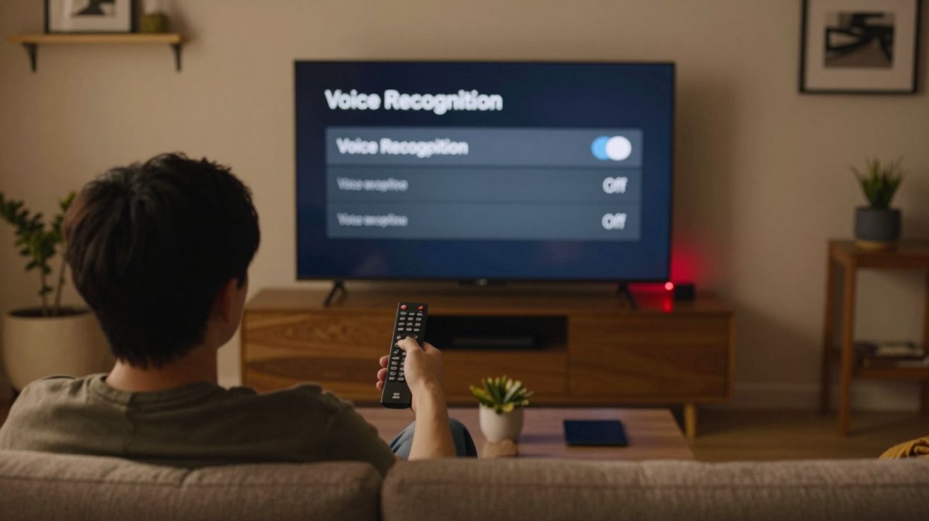 Person on sofa using remote to control voice recognition on TV screen in cosy living room.