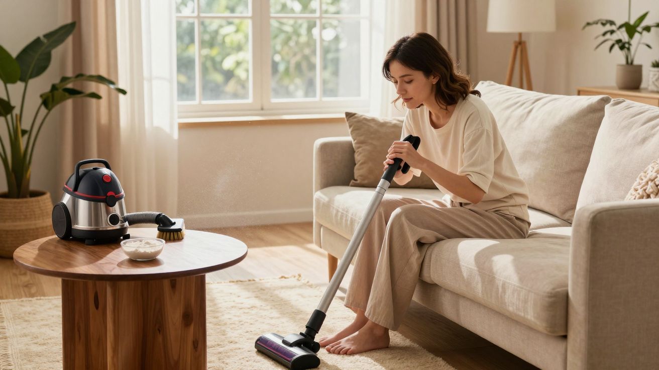 Woman vacuuming a carpet in a bright living room with a sofa, wooden table, and large window.